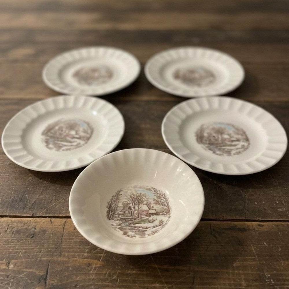 Edwin Knowles Old Mill Winter Scene Berry Bowl & Four Saucers, Vintage Ceramic